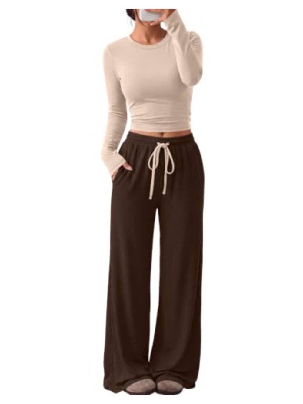 2 Piece Lounge Set Long Sleeve Ruched Top Wide Leg Pants with Pockets